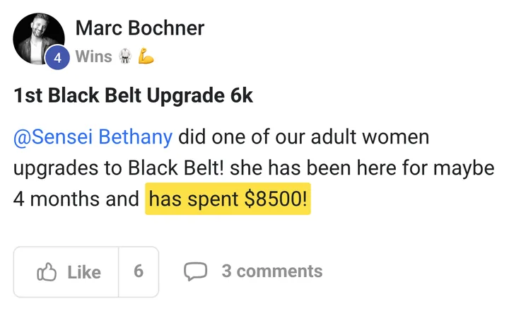 Marc Bochner: first Black Belt upgrade, $8,500 in 4 months