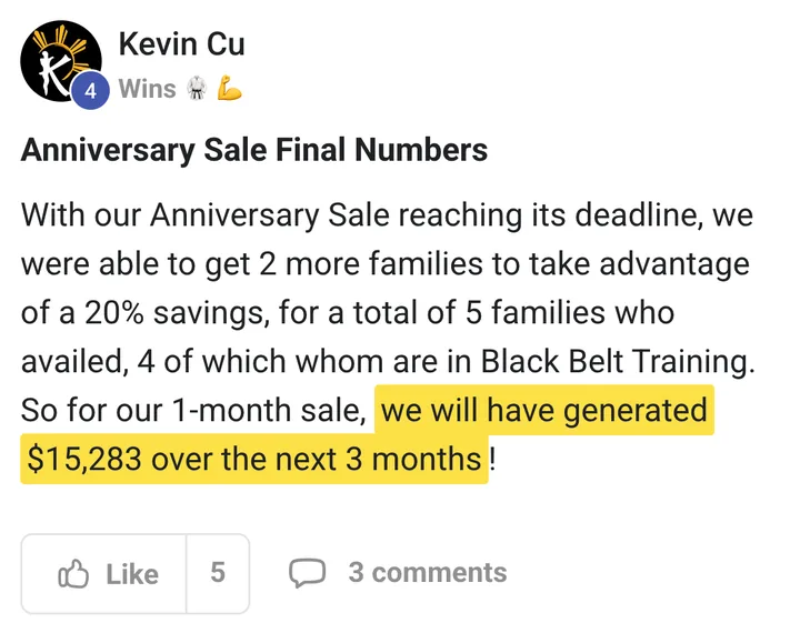 Kevin Cu: anniversary sale generated $15,283