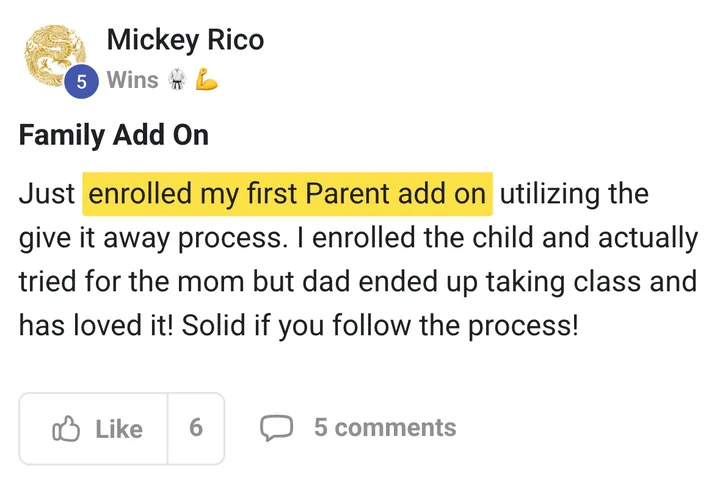 Mickey Rico: enrolled his first parent add-on
