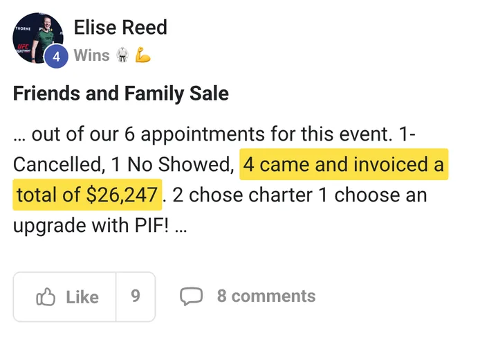 Elise Reed: $26,247 invoiced from one friends-and-family sale