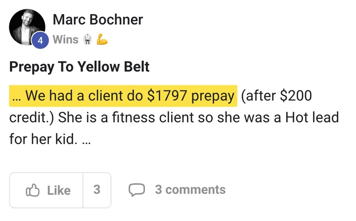 Marc Bochner: $1,797 prepay to yellow belt