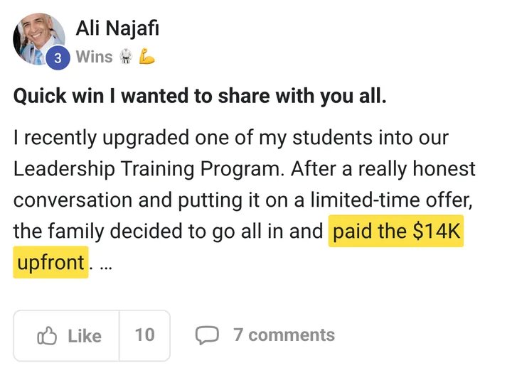 Ali Najafi: family paid the $14K upfront on a Leadership upgrade