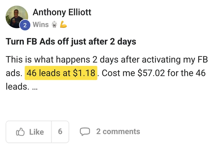 Anthony Elliott: 46 leads at $1.18 each in 2 days